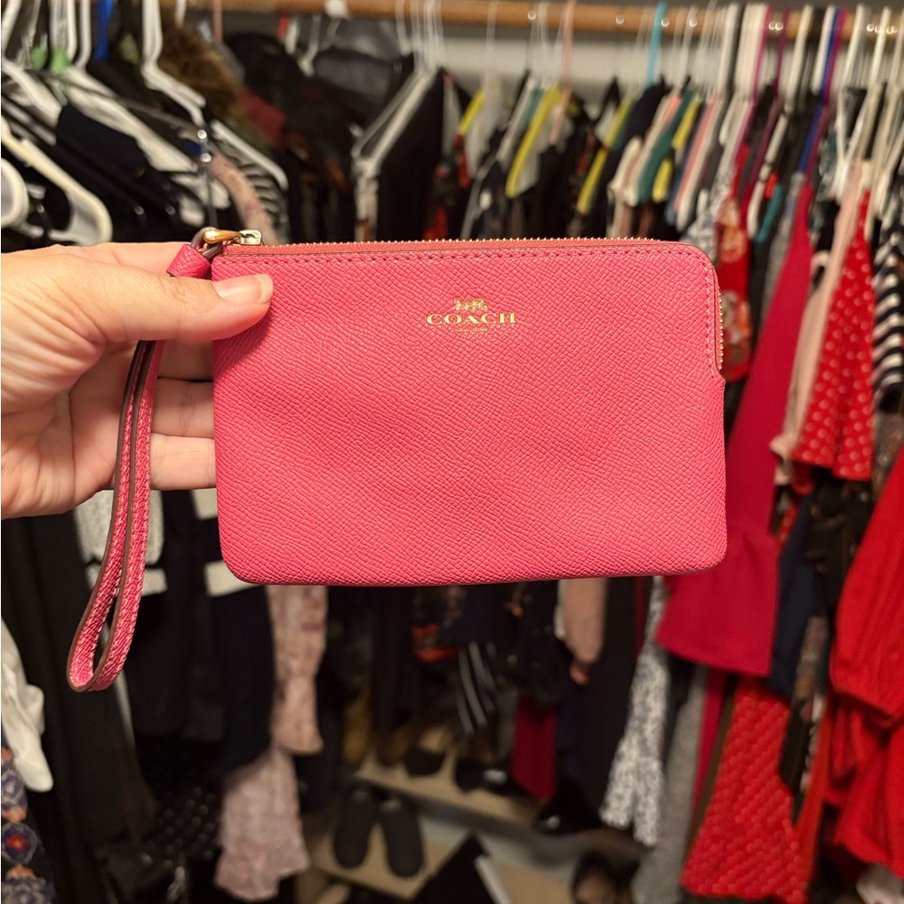 Coach Pink Saffiano Leather Wristlet with Gold Logo